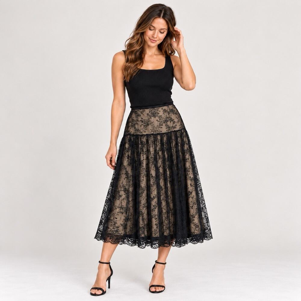 Karen Kane Skirt Women Small Black Lace Floral Overlay A-Line Romantic Boho